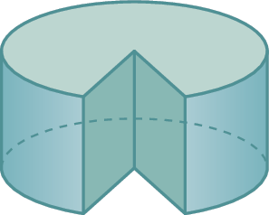 Figura geométrica. Sólido geométrico formado por 2 bases paralelas de aproximadamente 7 oitavos de círculo, parte lateral com corpo curvo e dois retângulos.