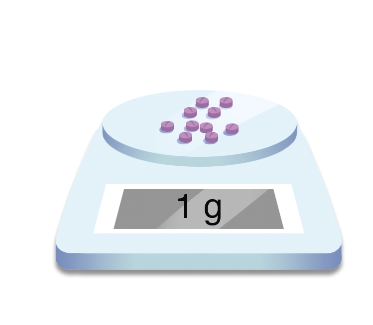 Ilustração. 10 comprimidos rosa em cima de uma balança branca com visor indicando 1 grama, em preto.