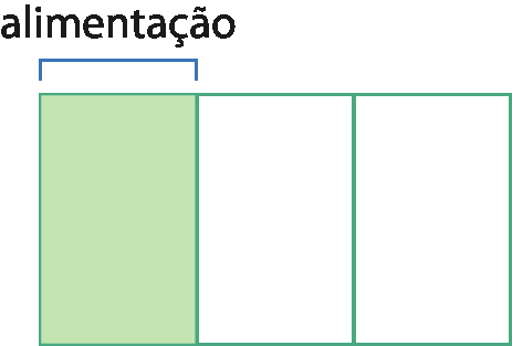 Esquema. Retângulo na horizontal dividido em 3 partes retangulares iguais, posicionadas na vertical. Da esquerda para a direita, a primeira parte é verde e a terceira é branca. Acima da parte verde, cota com a indicação do texto: alimentação.