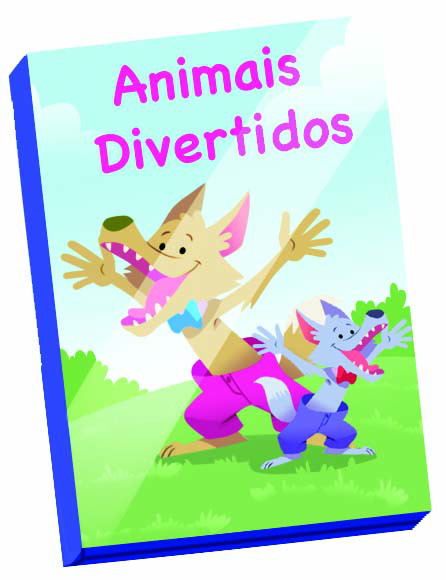 Ilustração. Capa do filme. No alto, o título ‘Animais divertidos’. Abaixo, um lobo adulto e um filhote, em área verde, com braços e boca abertas com expressão alegre. Legenda: Animais divertidos, MCMXCVIII.