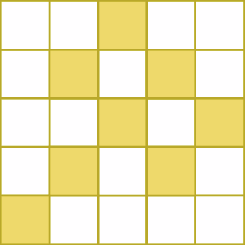 Figura geométrica. Quadrado dividido em 25 partes iguais, sendo 5 linhas com 5 quadradinhos cada. Os quadradinhos estão pintados de branco e alguns pintados de amarelo. Na primeira linha, o terceiro quadradinho está pintado de amarelo. Na segunda linha, estão pintados de amarelo, o segundo e o quarto quadradinhos. Na terceira linha, estão pintados de amarelo o terceiro e o quinto quadradinhos. Na quarta linha, estão pintados de amarelo, o segundo e o quarto quadradinhos. Na quinta linha o primeiro quadradinho está pintado de amarelo.
