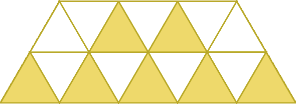 Figura geométrica. 16 triângulos, dispostos em duas fileiras, sendo a primeira fileira com 7 triângulos e a segunda fileira com 9 triângulos. Os triângulos estão pintados de branco e alguns pintados de amarelo. Na primeira fileira, o terceiro e o quarto triângulos são amarelos. Na segunda fileira, o primeiro, terceiro, quinto, sétimo e nono estão de amarelo.