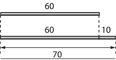 Ilustração. Duas varetas paralelas na horizontal. A vareta superior tem a medida de 60 centímetros e a inferior tem 70 centímetros. Linha tracejada das extremidades da vareta superior para a vareta inferior indicando que a segunda vareta tem 60 centímetros mais 10 centímetros a mais.