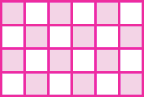 Figura Geométrica. Resposta da atividade 1 item a: Retângulo dividido em 24 quadrados iguais em 4 fileiras com 6 quadrados cada. Pintado em padrão xadrez sendo um magenta, outro branco e assim por diante. No total 12 quadrados magenta e 12 quadrados brancos.