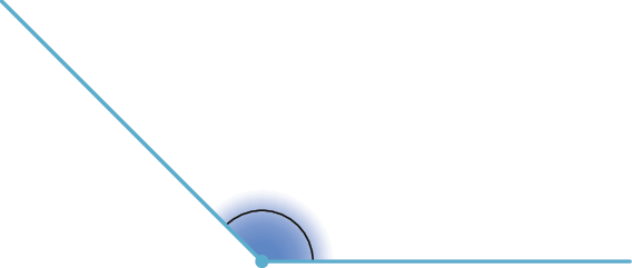 Figura geométrica. Abertura de um ângulo, com um ponto no vértice. Um lado do ângulo está na horizontal e o outro inclinado para cima à esquerda, formando um ângulo maior que 90 graus.