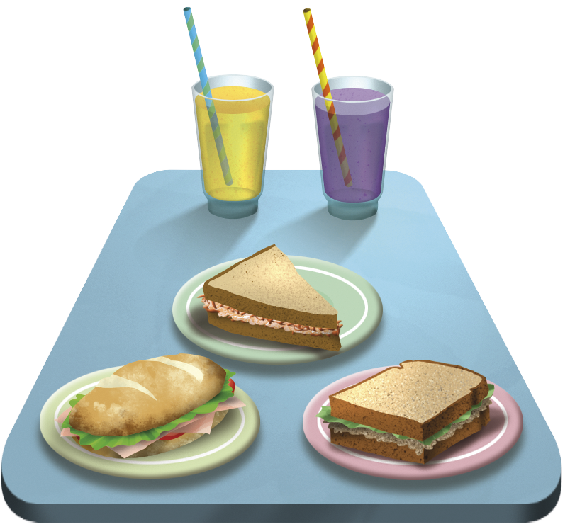 Ilustração. Mesa azul com 2 copos de suco e 3 sanduíches sobre pratos.