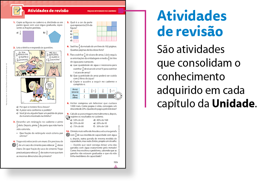 Esquema. Reprodução em tamanho reduzido de uma página da seção Atividades de revisão. Na página, é possível identificar que a seção apresenta atividades, muitas delas contextualizadas, que retomam o conteúdo do capítulo.
Na parte superior, há um fio com a indicação: Atividades de revisão. São atividades que consolidam o conhecimento adquirido em cada capítulo da Unidade.