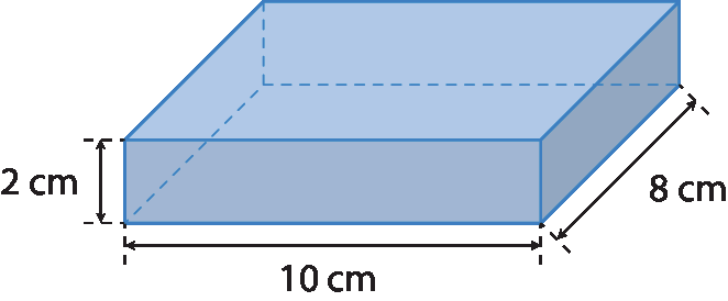 Figura geométrica. Paralelepípedo azul. Cota horizontal, no comprimento indicando 10 centímetros, cota vertical na altura indicando 2 centímetros, cota na largura indicando 8 centímetros.