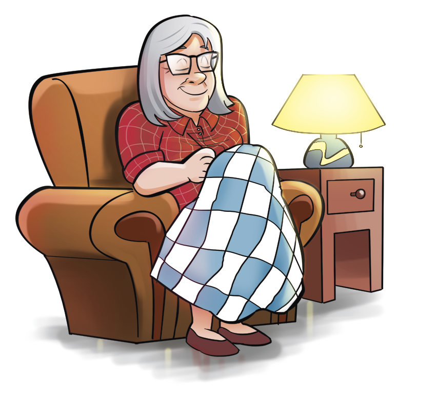 Ilustração. Mulher de cabelos grisalhos, óculos e blusa vermelha, sentada em uma poltrona marrom, costurando uma colcha de retalhos xadrez nas cores azul e branco. Ao seu lado esquerdo uma mesa com um abajur aceso em cima.
