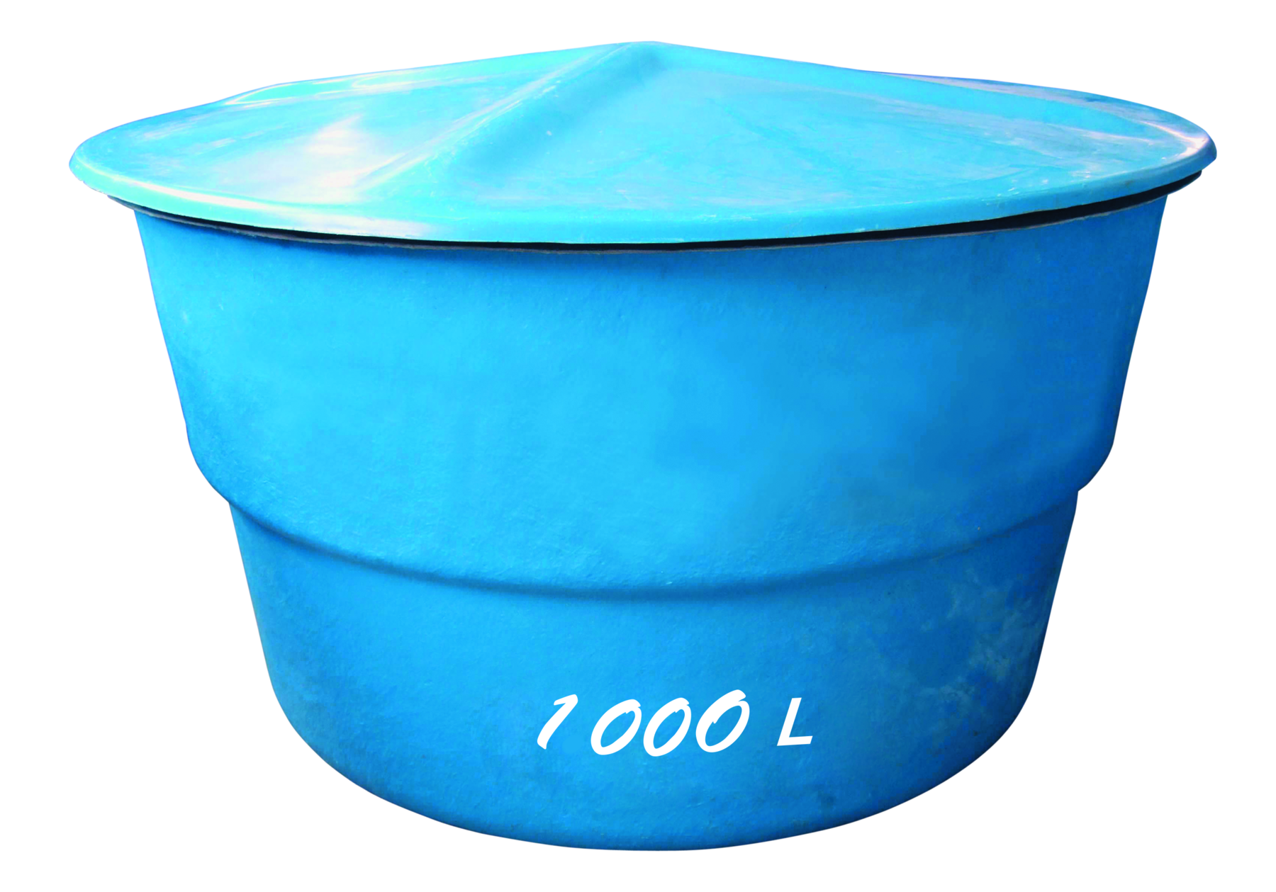 Fotografia. Caixa-d'água circular, azul, com texto em branco: mil litros.