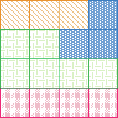 Quadrado dividido em 16 partes quadradas iguais, dispostas em 4 linhas com 4 partes cada. 3 partes são alaranjadas, 3 partes são azuis, 6 partes são verdes e 4 são cor de rosa.