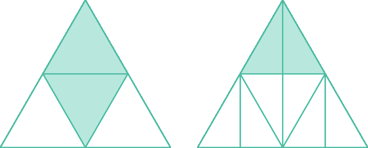 Figuras geométricas. Representação de 2 triângulos  com as mesmas medidas de comprimento dos lados. 
O triângulo da esquerda está dividido em 4 partes triangulares iguais, sendo que duas destas partes estão pintadas de verde as outras duas são brancas.  
O triângulo da direita está dividido em 8 partes triangulares iguais, sendo que duas destas partes estão pintadas de verde e as outras 6 são brancas. 
Cada parte triangular do triângulo da direita, corresponde à metade de uma parte triangular do triângulo da esquerda.