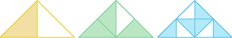 Figuras geométricas. Três triângulos  com as mesmas medidas de comprimento dos lados.  
O triângulo da esquerda está dividido ao meio, sendo que uma das partes está pintada em amarelo e outra é branca.
O triângulo ao centro está dividido em 4 partes triangulares iguais, sendo 3 delas pintadas em verde e outra é branca. 
O triângulo da direita está dividido em 8 partes triangulares iguais, sendo 5 delas pintadas em azul e as demais são brancas.
Cada parte triangular do triângulo da direita, corresponde à metade de uma parte triangular do triângulo central e cada parte triangular do triângulo central, corresponde à metade de uma parte triangular do triângulo da esquerda.