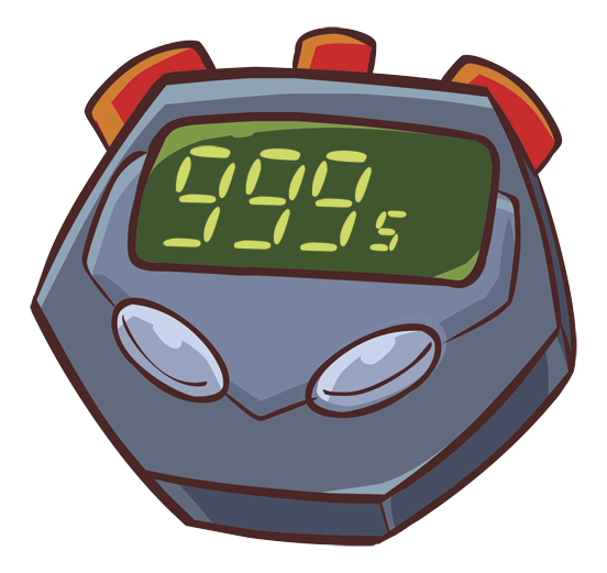 Ilustração. Cronômetro cinza com botões vermelhos e visor verde com números em amarelo: 999 segundos.