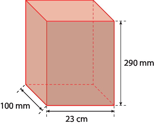 Figura geométrica. Paralelepípedo vermelho. Cota horizontal, no comprimento indicando 23 centímetros, cota vertical na altura indicando 290 milímetros, cota na largura indicando 100 milímetros.