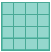 Figura geométrica. 16 quadradinhos, em azul, dispostos em 4 fileiras com 4 quadradinhos cada.