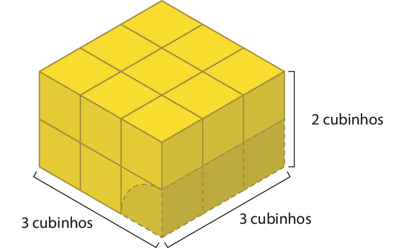 Figura geométrica. Paralelepípedo com 3 cubinhos na medida do comprimento, 3 cubinhos na medida do comprimento da largura e 2 cubinhos na medida do comprimento da altura. Este paralelepípedo compõe o empilhamento de cubinhos anterior.