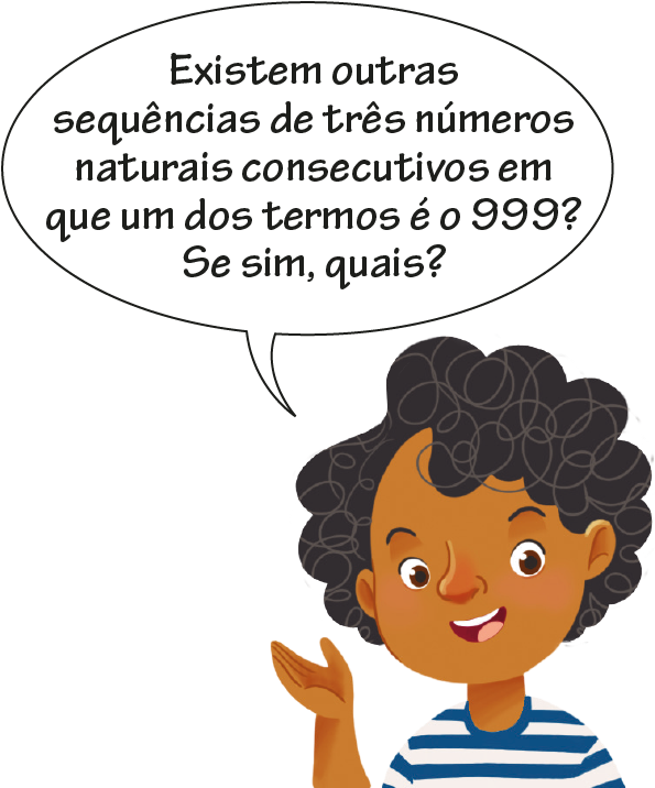 Ilustração. Menina com balão de fala: Existem outras sequências de três números naturais consecutivos em que um dos termos é o 999? Se sim, quais?