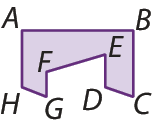 Figura geométrica. Octógono roxo não regular e não convexo com vértices A, B, C, D, E, F, G e H.