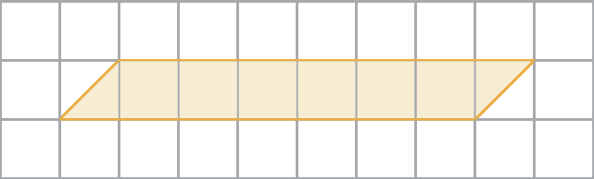 Figura geométrica. Malha quadriculada com 3 linhas, com 10 quadradinhos cada uma. A partir da segunda linha e do segundo quadradinho da malha, paralelogramo laranja com 1 linha, com 7 quadradinhos, sendo 6 quadradinhos inteiros e duas metades na diagonal em cada extremidade.
