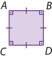 Figura geométrica. Quadrado ABCD roxo com indicação de ângulo reto e tracinho para lados iguais.