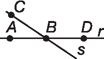 Figura geométrica. Reta r na horizontal passando pelo ponto A a esquerda, pelo ponto B no centro e pelo ponto D a direita. Reta s, inclinada, cruzando a reta r no ponto B e passando pelo ponto C que está acima da reta r.