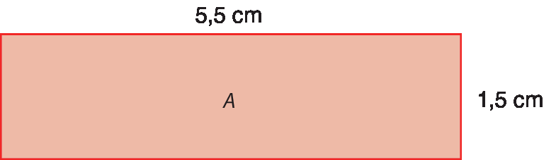 Figura geométrica. Retângulo A em vermelho, com medida do comprimento 5 vírgula 5 centímetros e medida do comprimento da largura 1 vírgula 5 centímetros.