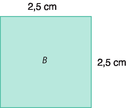 Figura geométrica. Retângulo B, quadrado azul, com medida do comprimento 2 vírgula 5 centímetros.