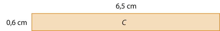 Figura geométrica. Retângulo C em laranja, com medida do comprimento 6 vírgula 5 centímetros e medida do comprimento da largura 0 vírgula 6 centímetro.