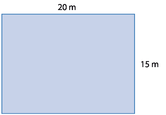 Figura geométrica. Retângulo azul, com medida do comprimento 20 metros e medida do comprimento da largura 15 metros.