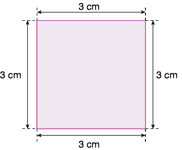 Figura geométrica. Quadrado roxo com 3 centímetros em cada lado.