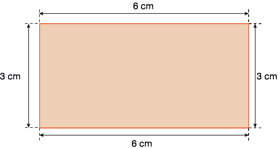 Figura geométrica. Retângulo vermelho com 6 centímetros no comprimento e 3 centímetros no comprimento da largura.