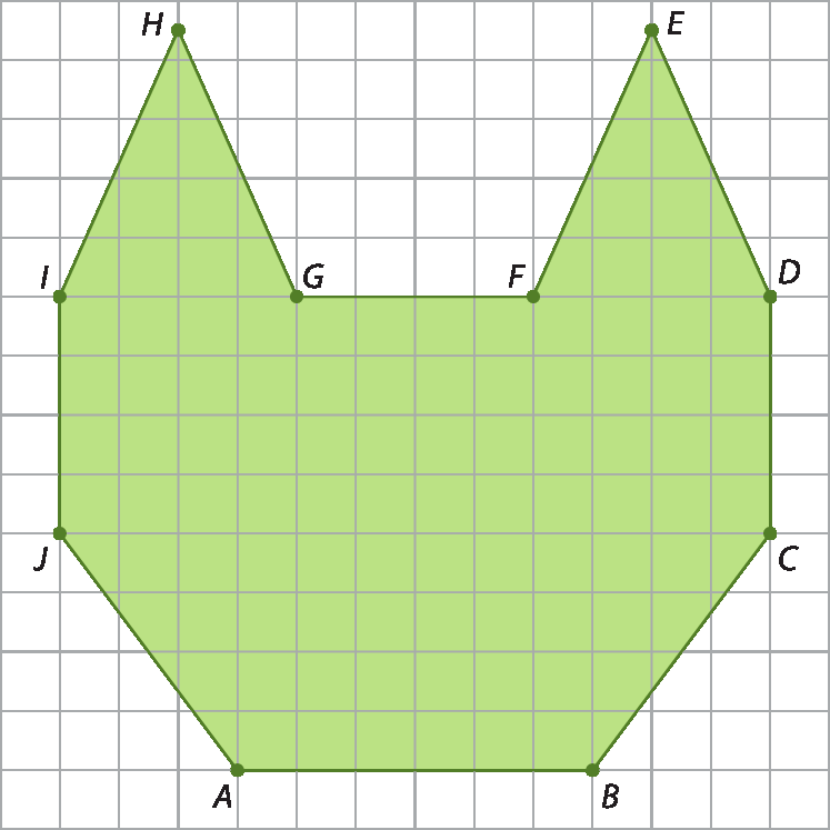 Figura geométrica. Malha quadriculada com 14 linhas, com 14 quadradinhos cada, com o desenho de uma figura com os pontos A, B, C, D, E, F, G, H, I e J que lembra a cara de um gato verde.
O ponto A está no vértice inferior direito do quarto quadradinho da décima terceira linha.
O ponto B está no vértice inferior direito do décimo quadradinho da décima terceira linha.
O ponto C está no vértice inferior direito do décimo terceiro quadradinho da nona linha.
O ponto D está no vértice inferior direito do décimo terceiro quadradinho da quinta linha.
O ponto E está no meio do lado direito do décimo primeiro quadradinho da primeira linha.
O ponto F está no vértice inferior direito do nono quadradinho da quinta linha.
O ponto G está no vértice inferior direito do quinto quadradinho da quinta linha.
O ponto H está no meio do lado direito do terceiro quadradinho da primeira linha.
O ponto I está no vértice inferior direito do primeiro quadradinho da quinta linha.
O ponto J está no vértice inferior direito do primeiro quadradinho da nona linha.
Segmentos de reta ligando um ponto a outro.