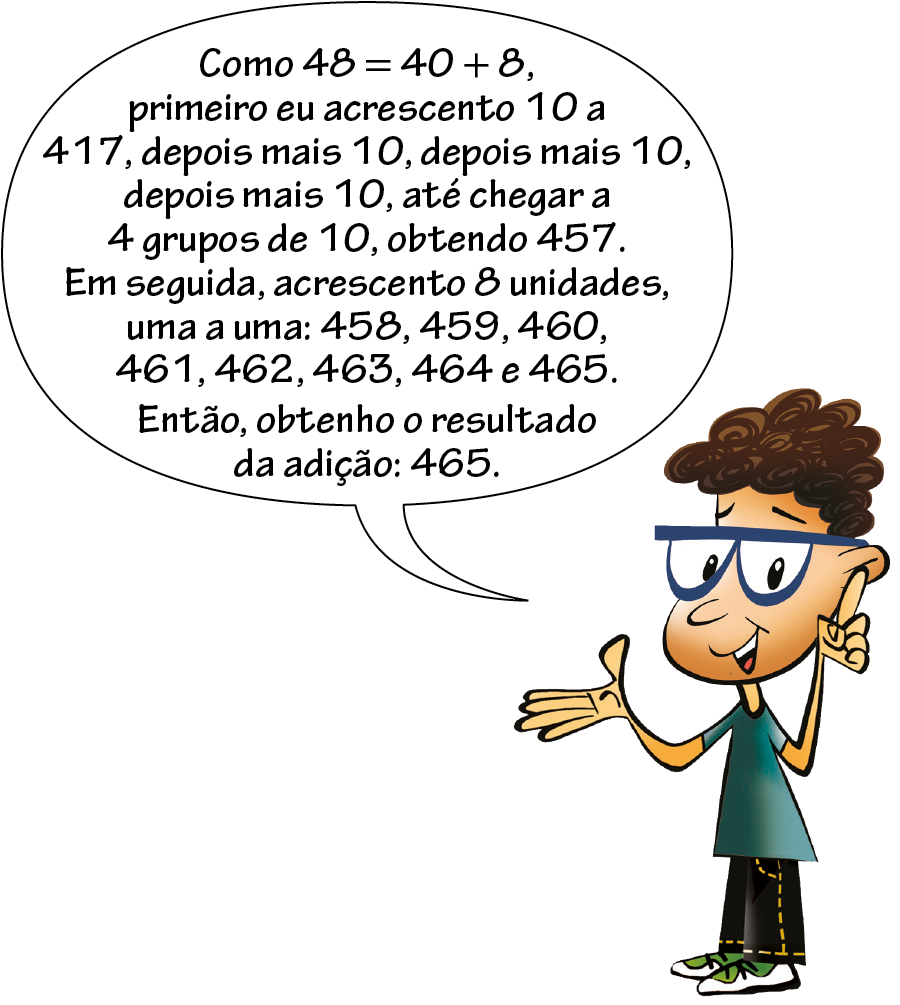 lustração. Menino de cabelo enrolado e óculos com o dedo indicador levantado falando Como 48 é igual a 40 mais 8, primeiro eu acrescento 10 a 417, depois mais 10, depois mais 10, depois mais 10 até chegar 4 grupos de 10, obtendo 457. Em seguida, acrescento 8 unidades, uma a uma: 458, 459, 460, 461, 462, 463, 464 e 465. Então, obtenho o resultado da adição: 465.