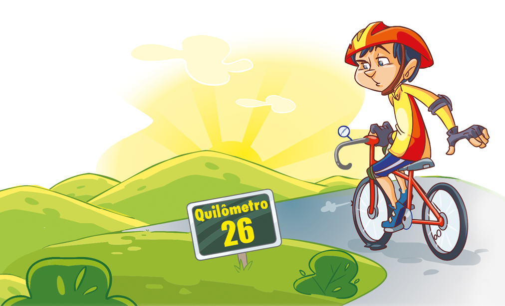 Ilustração. Menino de capacete vermelho, roupa amarela, num dia de sol andando de bicicleta. A esquerda uma placa no chão indica quilômetro 26.
