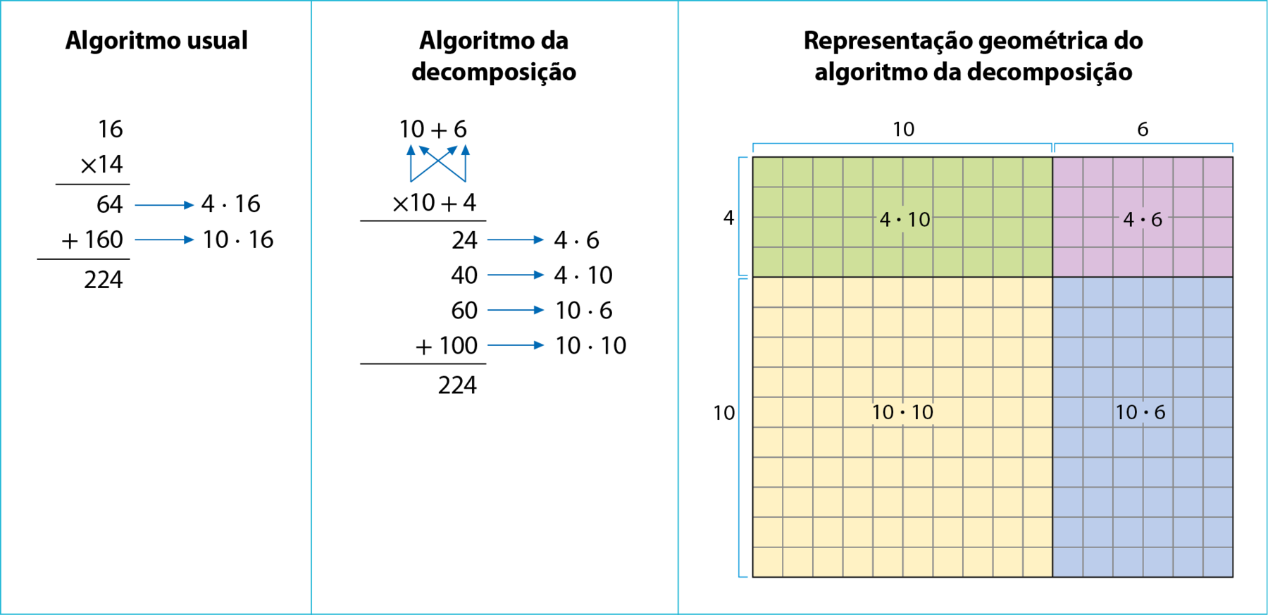 Esquema em três quadros. Quadro 1. Algoritmo usual da multiplicação 14 vezes 16 igual a 224. Na primeira linha o número 16. Abaixo, à esquerda, o sinal de multiplicação e à direita, o número 14, alinhado ordem a ordem com o número 16. Abaixo, traço horizontal. Abaixo, o número 64. Seta azul para a direita indicando que 64 é o resultado de 4 vezes 16. Abaixo, à esquerda, o sinal de adição e à direita o número 160, alinhado ordem a ordem com o número 64. Seta azul para a direita indicando que 160 é o resultado de 10 vezes 16. Abaixo, traço horizontal. Abaixo, o número 224, alinhado ordem a ordem com os números 64 e 160. Quadro 2. Algoritmo da decomposição da multiplicação 14 vezes 16 igual 224. Na primeira linha 10 mais 6. Abaixo, à esquerda, o sinal de multiplicação e à direita, 10 mais 4, com o 4 alinhado com o 6 da primeira linha e o 10 alinhado com o 10 da primeira linha. Seta azul do número 4 para o número 6 indicando que 4 multiplica 6 e seta azul do número 4 para o número 10 indicando que 4 multiplica 10. Seta azul do número 10 para o número 6 indicando que 10 multiplica 6 e seta azul do número 10 para o número 10 da linha anterior, indicando que 10 multiplica 10. Abaixo, traço horizontal. Abaixo, o número 24. Seta azul para a direita indicando que 24 é o resultado de 4 vezes 6. Abaixo, o número 40, alinhado ordem a ordem com o número 24 da linha anterior. Seta azul para a direita indicando que 40 é o resultado de  4 vezes 10. Abaixo, o número 60, alinhado ordem a ordem com o número 40 da linha anterior. Seta azul para a direita indicando que 60 é o resultado de 10 vezes 6. Abaixo, à esquerda, o sinal de adição e à direita, o número 100, alinhado ordem a ordem com o número 60 da linha anterior. Seta azul para a direita indicando que 100 é o resultado de 10 vezes 10. Abaixo, traço horizontal. Abaixo, o número 224, alinhado ordem a ordem com o número 100 da linha anterior. Quadro 3. Representação geométrica do algoritmo da decomposição da multiplicação 14 vezes 16 igual a 224. Malha quadriculada de 14 linhas e 16 colunas. No canto superior esquerdo, pintada de verde: 4 linhas e 10 colunas, no centro 4 vezes 10. À direita, pintada de roxo: 4 linhas e 6 colunas, no centro 4 vezes 6. Abaixo do retângulo verde, pintada de amarelo: 10 linhas e 10 colunas, no centro 10 vezes 10. À direita, pintada de azul: 10 linhas e 6 colunas, no centro 10 vezes 6.