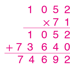 Algoritmo usual da multiplicação 1 mil e 52 vezes 71 igual a 74 mil 692.
Na primeira linha o número 1 mil e 52.
Abaixo, à esquerda, o sinal de multiplicação e à direita, o número 71, alinhado ordem a ordem com o número 1 mil e 52. 
Abaixo, traço horizontal. 
Abaixo, o número 1 mil e 52, alinhado ordem a ordem com os números 1 mil e 52 e 71.
Abaixo, à esquerda, o sinal de adição e à direita, o número 73 mil 640, alinhado ordem a ordem com o número 1 mil e 52 da linha anterior.
Abaixo, traço horizontal.
Abaixo, o número 74 mil 692, alinhado ordem a ordem com os números 1 mil e 52 e 73 mil 640.