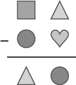 Algoritmo usual da subtração envolvendo números de ordem 2. Na primeira linha, um número que tem um triângulo na posição do algarismo das unidades e um quadrado na posição do algarismo das dezenas. Abaixo, à esquerda, o sinal de subtração, e à direita, um número que tem um coração na posição do algarismo das unidades e círculo na posição do algarismo das dezenas. Abaixo, traço horizontal.  Abaixo, o número que tem um círculo na posição do algarismo das unidades e  um triângulo na posição do algarismo das dezenas. O círculo é o mesmo do número da segunda linha e o triângulo é o mesmo do número da primeira linha.