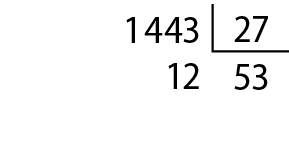 Algoritmo usual da divisão. 1 mil 443 dividido por 27, igual a 53 e resto 12. Na primeira linha, o número 1 mil 443. À direita, chave com o número 27 dentro. Abaixo do número 1 mil 443, o resto 12, alinhado ordem a ordem com o número 1 mil 443. Abaixo da chave, o quociente 53.