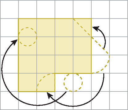 Figura geométrica. Malha quadriculada com 6 linhas, com 7 quadradinhos cada. Figura amarela que lembra um quadrado com 4 linhas, com 4 quadradinhos cada, faltando a pintura dos dois quadradinhos  do canto inferior direito. Com linhas e setas para indicar que as partes com 1 quarto de círculo, meio círculo e diagonais foram encaixadas para formar esta nova figura.