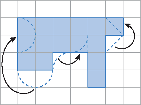 Figura geométrica. Malha quadriculada com 6 linhas, com 8 quadradinhos cada. Figura azul com 15 quadradinhos pintados. Na segunda linha da malha estão pintados do segundo ao sétimo quadradinhos. Na terceira linha estão pintados do segundo ao sexto quadradinhos. Na quarta linha estão pintados o segundo, terceiro e o sexto quadradinhos. Na quinta linha está pintado o sexto quadradinho. Com linhas e setas para indicar que as partes com 1 quarto de círculo e diagonais foram encaixadas para formar esta nova figura.