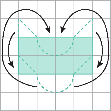 Figura geométrica. Malha quadriculada com 6 linhas, com 6 quadradinhos cada. Retângulo verde com 2 linhas, com 4 quadradinhos cada. Com linhas e setas para indicar que as partes com 1 quarto de círculo e diagonais foram encaixadas para formar esta nova figura.