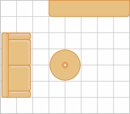 Ilustração. Planta baixa de um sala. Malha quadriculada com 7 linhas, com 8 quadradinhos em cada uma. Na primeira linha, representação de móvel do quarto ao oitavo quadradinhos.
Representação de sofá de dois lugares, da terceira á sexta linhas, ocupando 2 quadradinhos cada.
Representação de mesa redonda, forma circular na quarta e quinta linhas ocupando 2 quadradinhos cada uma.