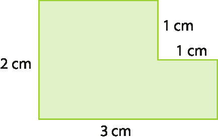 Figura geométrica. Figura verde, composta por dois quadrados juntos no comprimento da base, um maior e um menor, com medida do comprimento dos dois quadrados juntos de 3 centímetros e a medida do comprimento do quadrado menor de 1 centímetro. A medida do comprimento da largura do quadrado maior é de 2 centímetros e do quadrado menor é de 1 centímetro.