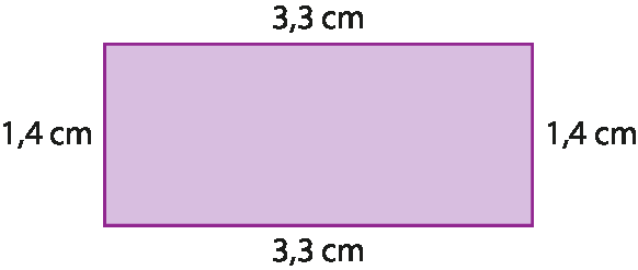 Figura geométrica. Retângulo roxo com medida de comprimento 3 vírgula 3 centímetros e medida do comprimento da largura com 1 vírgula 4 centímetros.