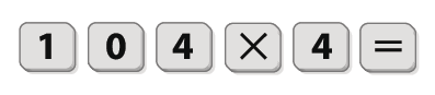 Ilustração. Sequência de teclas da calculadora: Tecla com o algarismo 1, tecla com algarismo 0, tecla com algarismo 4, tecla com sinal de multiplicação, tecla com 4, tecla com sinal de igual.