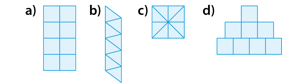 Figura geométrica. Item a: retângulo dividido em 8 quadradinhos iguais. Item b: figura dividida em 8 triângulos iguais. Item c: quadrado dividido em 8 triângulos iguais. Item d: figura dividida em 8 quadradinhos iguais.