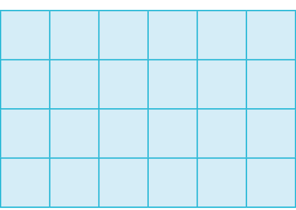 Figura Geométrica. Retângulo azul dividido em 24 quadrados iguais em 4 fileiras com 6 quadrados cada.