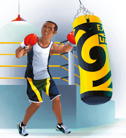 Ilustração. Homem negro, usando camiseta regata branca, com listra vertical preta na lateral, bermuda preta com faixa amarela, com luvas de boxe vermelhas golpeando um saco de treino para golpes de boxe.