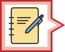Ilustração. Caderno de espiral com linha escritas e uma caneta. Representa a seção Atividades de revisão.